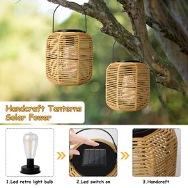 Solar Lantern for Outdoor Garden, Pack of 2 Weatherproof Solar Rattan Lantern, Hanging / Standing Solar Lamps, Solar Lanterns for Balcony, Patio, Table, Garden Decoration