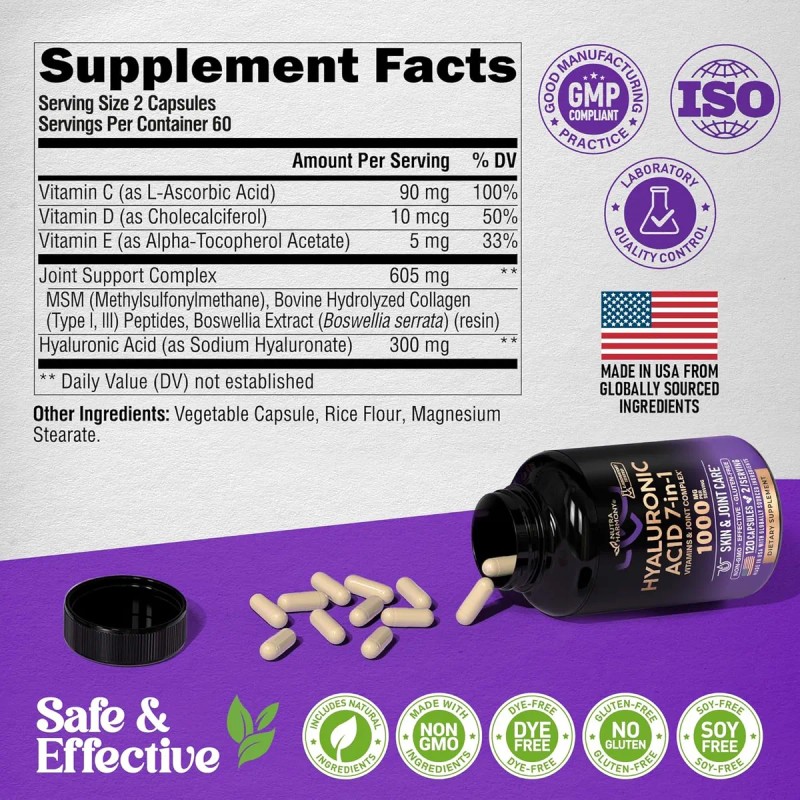 Acido Hialuronico 1000 Mg 120 Caps Nutra Harmony Hecho Usa