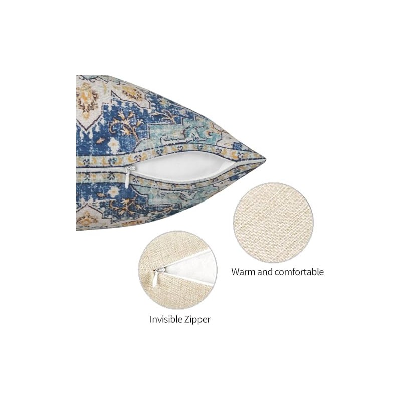 Throw Pillow Cover, Boho Style Ethnic Design Pattern Linen Carpet,