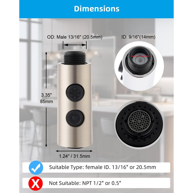 Hibbent Pull Out Sink Sprayer, 2 Function Kitchen Faucet Head,