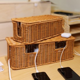 VICAMB 2 PCS Handmade Cable Management Box,Rattan Cord Organizer Box with Lid,4 Open Slots Cords Hider Box Storage Cable Organizer Box to Hide Power Strips and Cords for TV Computer USB Hub