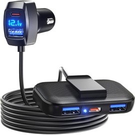 LENCENT 5 USB Ports Auto Ladegerät Zigarettenanzünder Netzadapter 31W(Max) 3 USB-A & 2 Typ-C USB Anschlüße für Vorder- und Rücksitz Passagier mit Verlängerung 1,5M Kabel