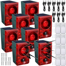 Qualirey 4 Pcs Solar Outdoor Motion Sensor Alarm Animal Deterrent Gunshot Sound Dog Barking 130db Loud Noise Maker 3 Modes with USB Remote Control, Support Recording and Volume Adjustment (Red)