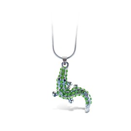 Puzzled Green Alligator Necklace, 18 Inch Fashionable & Elegant Silver Chain Jewelry with Rhinestone Studded Pendant For Girls Teens Women Fashion Neck Accessory