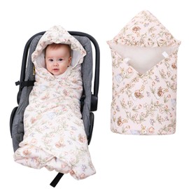 LAT Swaddling Blanket for Baby Seat, 90 x 90 cm, Universal Baby Blanket for Newborns, Cuddly Blanket with Hood, Baby Blanket for Pram, Buggy, Car Seat (Rabbit and Flowers)