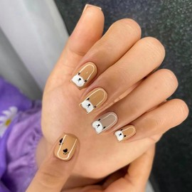 EYZOTSF Press on Nails Square Short Length Acrylic Glossy Full Cover Square Cute French False Nails with Bear Designs Artificial Extra Short Square Shaped Fake Nails Glue ons Fingernails for Women