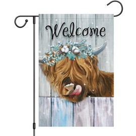 Heyfibro Welcome Winter Highland Cow Garden Flag 12x18 Inch Double Sided Burlap, Farmhouse Floral Cow Yard Decor Winter Snowflake Porch Flag for Rustic Seasonal Xmas Seasonal Outdoor Decoration(ONLY FLAG)