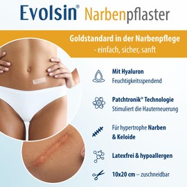 Evolsin Scar Patch with Hyaluronic & Patchtronic - For Surgical Scars, Caesarean Section, Keloids & Hypertrophic Scars, Supports Skin Barrier
