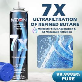 NEON Butane Refill, 300ml 7X Filtered Premium Butane Fuel, 12 Cans Pure Refined Lighter Fluid with 0 Impurities & 5 Butane Gas Adapters for Refillable Lighters, Butane Torches, Kitchen Blow Torch