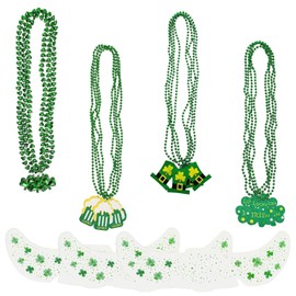 18PCS St. Patrick's Day Necklaces and 3PCS Freckles Temporary Glitter Tattoos, with Shamrock, Beer, Hat & Clover Blessing Patterns, Ideal for St. Patrick's Day Party, Irish Themed Gatherings