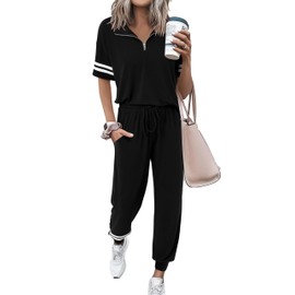MASCOMODA Womens Two Piece Outfits 2025 Summer Short Sleeve Quarter Zip Pullover Tops Jogging Pants Tracksuit Loungewear Set(Black,Small)