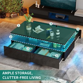YITAHOME LED Coffee Table with Storage, High Glossy LED Coffee Tables for Living Room, Modern Black Rectangle Coffe Table, Small Center Table with Open Display Shelf & 4 Sliding Drawers, Glossy Black