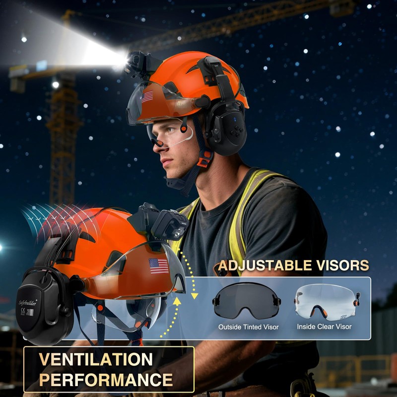 SAFEBUILDER Hard Hats with Bluetooth Ear Muffs Headlight Safety Helmet
