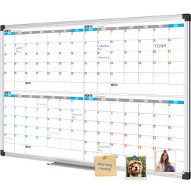 XBoard Magnetic Calendar Whiteboard 36" x 24", 4 Months Calendar Dry Erase Board, Silver Aluminium Framed White Board Planner for Home School Office Organization