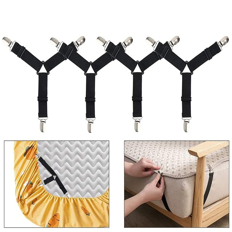 Tiardey 4Pcs Black Elastic Bed Sheet Suspenders Triangle Bed Sheet