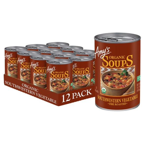 Amy’s Soup, Vegan Fire Roasted Southwestern Vegetable Soup With Organic Black Beans, Gluten Free, Canned Soup, 14.3 Oz (12 Pack)