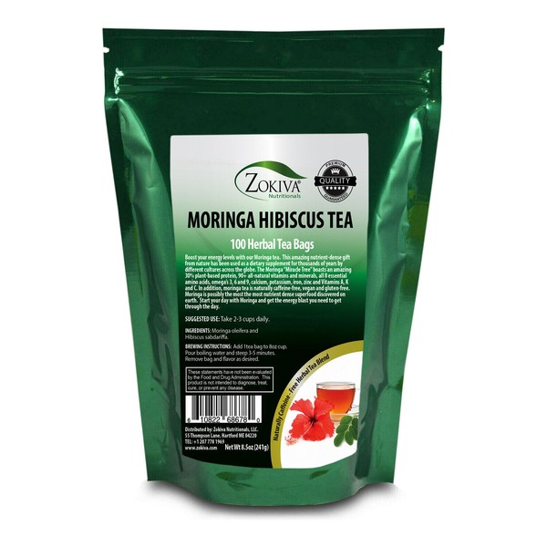 Moringa Hibiscus Tea Bags Mega Pack (100) Naturally Caffeine-Free Herbal Tea