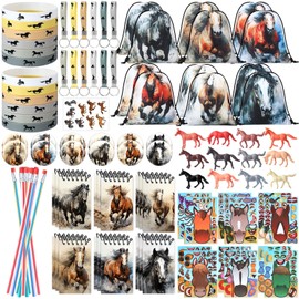 Dansydaisy 114 Pcs Horse Themed Party Favor Supplies with Drawstring Bag Mini Figurines Keychain Silicone Bracelets Badges Puzzle Stickers Notepads Soft Pencils for Horses Birthday Party Decoration
