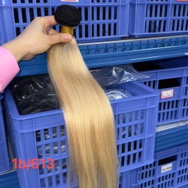Bright Blonde Seamless Weft Hair Extension Human Double Drawn Invisible Hair Extensions Piano Color Burmese Curly Raw Human Haircolor: 1b/613, Stretched Length: 24"