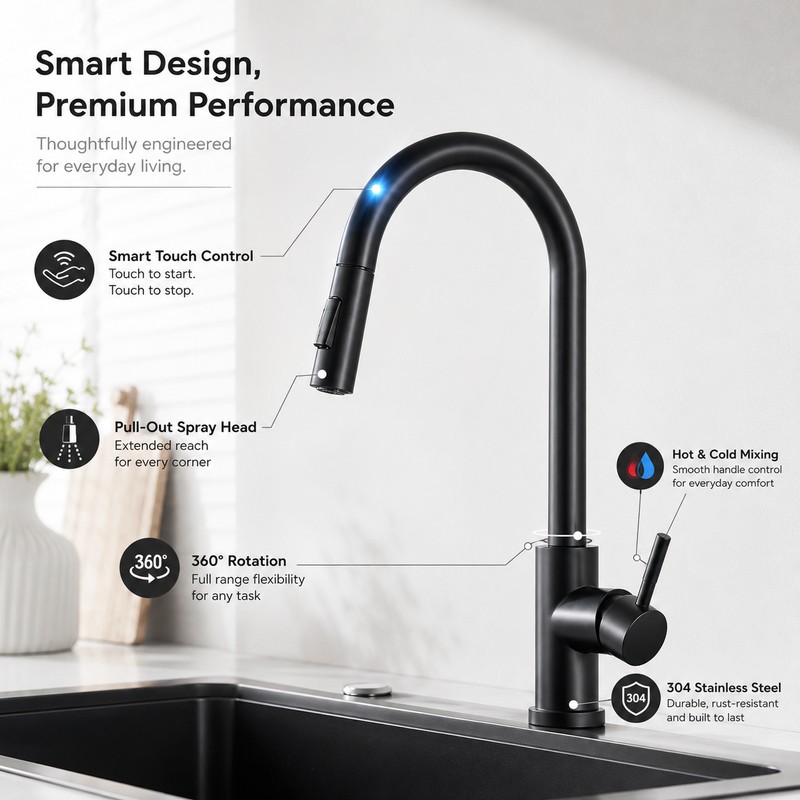 Touch Kitchen Faucet for Sink – Pull-Out Sprayer with 360°