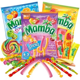 Needzo Mamba Chewy Candy Assortment, Tropical Chews, Fruit Strips, and Sticks, Individually Wrapped Flavored Treats, Pack of 3, 6.3 Ounces Each