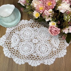 Phantomon Handmade Crochet Cotton Lace Placemats Doilies Cloth Crochet Coasters, Pack of 4, Oval Shape, White, 12 x 17 inch (White)