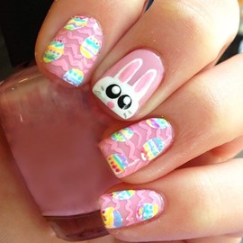 KKUUOO Easter Press on Nails Short Square Fake Nails Pink Line False Nails with Cute Bunny & Easter Egg Designs Glossy Acrylic Nails Full Cover Stick on Nails for Women and Girls Easter Manicure 24Pcs