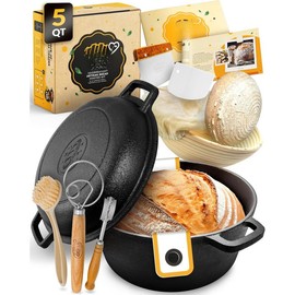 Cast Iron Bread-Pan with Lid - incl. Sourdough Bread Baking Supplies - like Banneton Bread-Proofing Basket - 7.2QT Bread-Oven Dutch, Oven for Bread-Baking Cast Iron Pan Scoring Tool Lame Kit - Color: 5QT Dutch Oven
