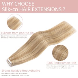 Silk-co Tape in Hair Extensions 100% Human Hair 16inch Real Remy Human Hair 20pcs Skin Weft #120P613 Golden Brown&Bleach Blonde