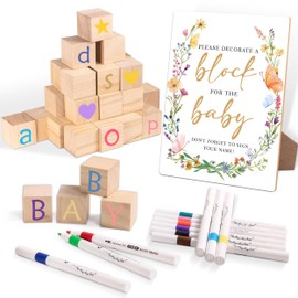 79 Pcs Bohe Floral Baby Shower Decorate a Block Game Set, Bohe Floral Baby Shower Blocks to Decorate, Butterfly Gender Reveal Games Party Supplies, Including 1 Sign, 54 Blank Wood Pellets, 24 Pens, D
