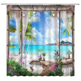 JIRGIXA Ocean Beach Shower Curtain Nature Scenery Landscape Tropical Palm Tree Floral Sea Coastal Seaside Summer Blue Green Fabric Bathroom Decor Curtain with Hooks
