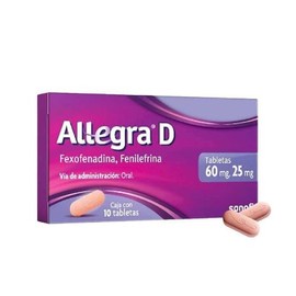 Allegra D antihistamínico para congestión nasal y alergias, 10 tabletas.