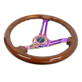 NRG Innovations NRG-RST-018BR-MC Reinforced Classic Wood Grain Wheel, 350mm, 3 Spoke Slotted Center Neochrome with Brown Painted Wood