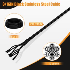 T316 Black 3/16" Stainless Steel Cable, 50ft Wire Rope, 7X19 Strands Aircraft Cable, 3700lbs Breaking Strength, Zip Line for Heavy Duty Applications, Deck Railing, String Lights & Yard Zipline