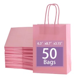 Gift Bags 8.7 "X6.3" X3.15 "50pcs brown paper Bags with handles, small and Medium size Gift Bags for party favors, grocery shopping and retail, reusable and durable Food doggy bags (pink)