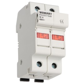 Wengart Fuse Socket RT18-32X, Suitable for RT18 RO15, 2-Pin 10 x 38 mm Fuse Insert, with LED Indicator, Rail Mounting, Provides Overcurrent and Short Circuit Protection