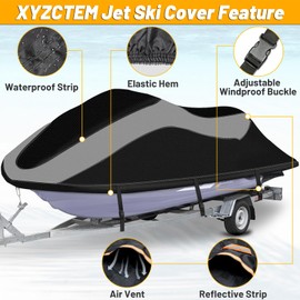 XYZCTEM Trailerable Jet Ski Cover,Waterproof Tear and Fade Resistant Personal Watercraft Cover with Reflective Air Vent, Fits Seadoo, Yamaha, GTX, Kawasaki, Honda, Polaris (3 Seater 136" to 145" L)
