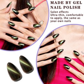 WOOYAS Cat Eye Press On Nails - Handmade Dark Green Medium Almond False Nails,French Designs Full Cover Glue On Nails for All Season Press Ons