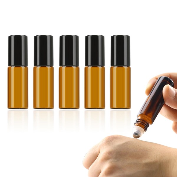 KGDUYC 5pcs Brown Roll-On Bottle Empty Roll-On Glass Bottles Small with Stainless Steel Roller Ball for Essential Oil Perfumes Lip Balm Travel and Daily Life