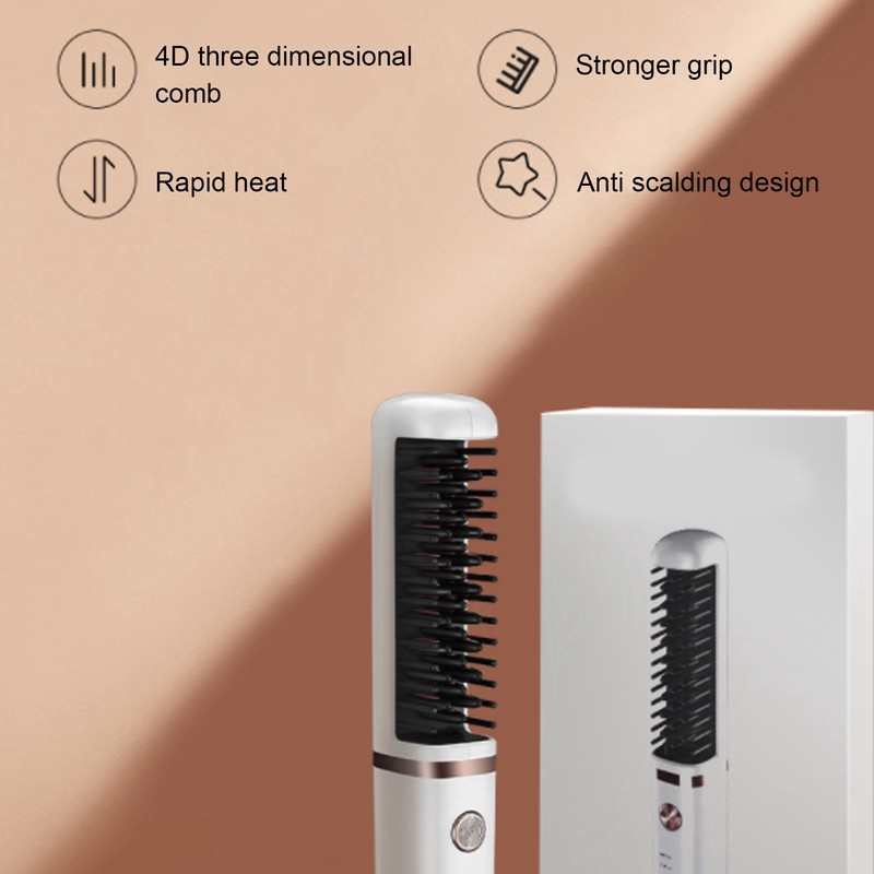 Hair Straightener Brush USB Rechargeable Hair Straightening Curling Brush Pearl