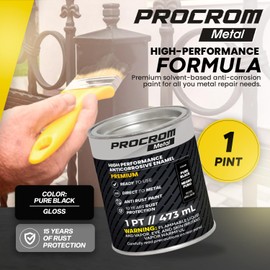 Procrom Premium Metal Paint – Gloss Pure Black, Pint | Direct-to-Metal, Professional Finish, Anti-Rust Protection, Fast-Drying Indoor & Outdoor Coating