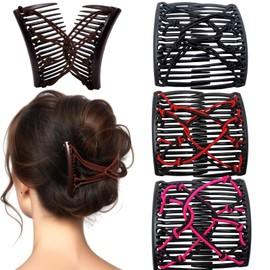 4 Pcs Elastic Magic Hair Comb Clips, Bandette Comb with Elastic Band, Stretchy Double Comb Hair Clip Vintage Hairstyle Multipurpose Hair Accessories for Women (Classic-Black, Brown, Rose, Red)