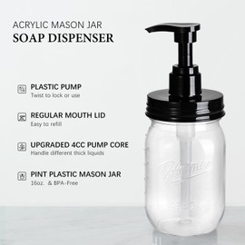 Amolliar Plastic Mason Jar Soap Dispenser with Pump Lid,16OZ Refillable BPA-Free Hand Soap Dispenser Set with Cute Lables - Farmhouse Decor for Kitchen/Bathroom, Liquid Soap,Dish Soap, Lotion