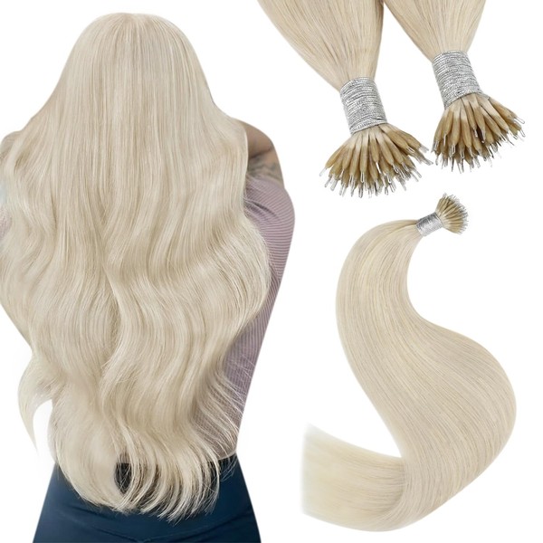 YoungSee Nanoring Extensions Real Hair Blonde 55 cm Nanoring Hair Extensions Platinum Blonde Nano Extensions Real Hair Blonde Nano Beads Hair Extensions Nanoring Extensions 50 g 1 g/s #60A