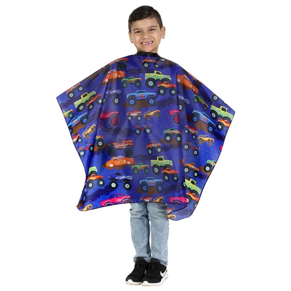 Kids Size Monster Truck Barber Cape For Hair Cutting at Home or Salon, Barber Shop Haircut Cape for Big Boys Adjustable Neck with Plastic Snaps