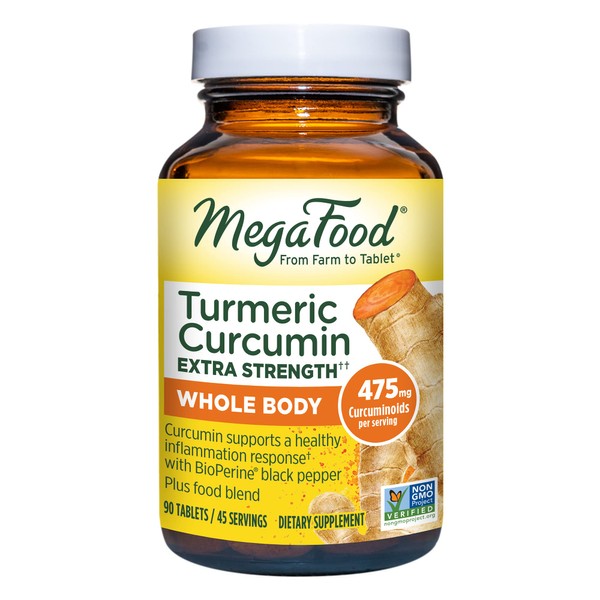 MegaFood Turmeric Curcumin Extra Strength - Whole Body - Turmeric Curcumin with Black Pepper - 475mg Curcuminoids - with Holy Basil, Tart Cherry - Made Without 9 Food Allergens - 90 Tabs (45 Servings)
