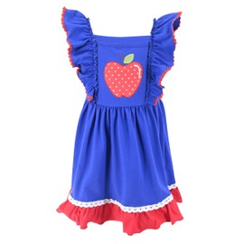 Girls Flutter Sleeve Back to School Dress for Kids First Day of Kindergarten 1st 2nd 3rd Grade and Picture Day Outfit (6Y, Apple)