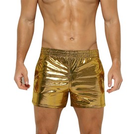 ABAFIP Men's Metallic Shiny Rave Dance Shorts Elastic Waist Hologram Reflective Music Festival Stage Dancewear Bottoms Costume Short Pants Gold Small