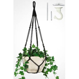 Shineloha 43 Inches Macrame Planter Hanger Large for 12 inch Pot + Swag Hook (Extra Long & Big) | Large Hanging Planter for Indoor Plants | No Tassel, Cotton Rope, NO Pot/Plant Included (Black)(XL)