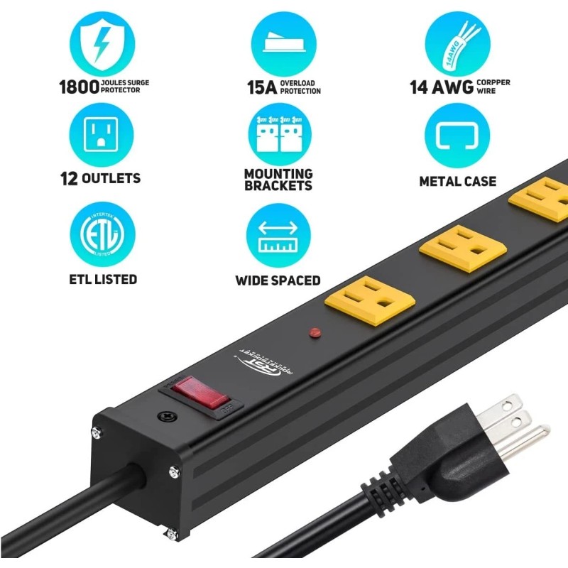 CRST 12 Outlets Metal Power Strip with 6ft Extension Cord,36